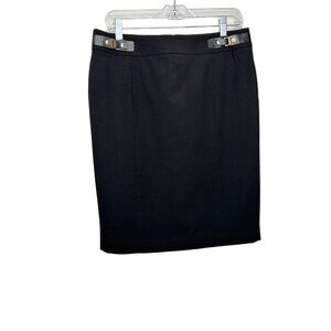 Calvin Klein Black Pencil Skirt 10 Faux Leather Tabs Back Slit Zip Career Party
